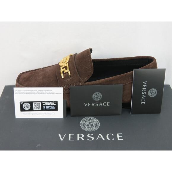 NIB VERSACE BROWN SUEDE GOLD MEDUSA HEAD LOGO LOAFERS 42 9 ITALY main image 10